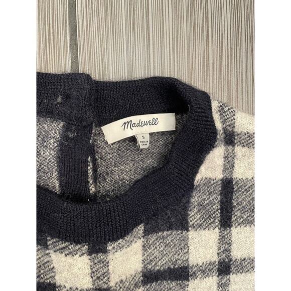 Madewell Small Merino Wool Navy White Plaid Long Sleeve Back Buttons Sweater - Picture 2 of 5